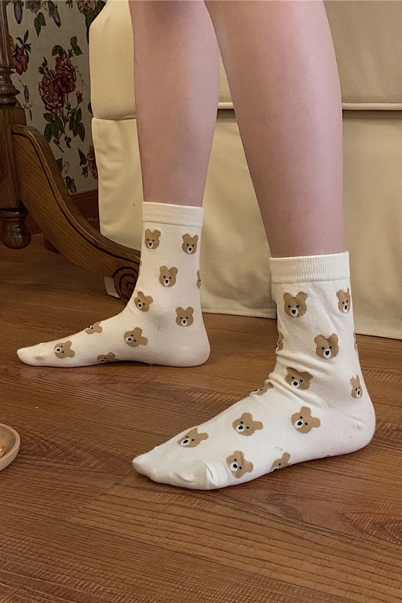 New 2021 ins Cute Cartoon Bear Socks Female Spring And Summer Students Thin Tube Socks Long Tube Cotton Socks
