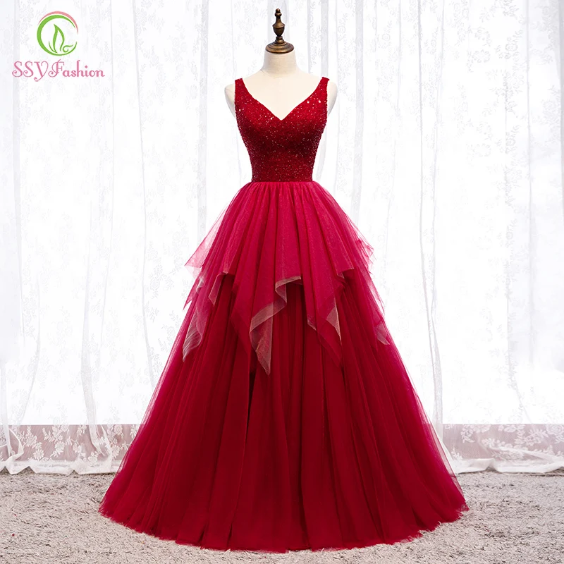 

SSYFashion New Banquet Elegant Burgundy Long Evening Dress Backless V-neck Floor-length Crystal Beading Luxury Prom Formal Gowns