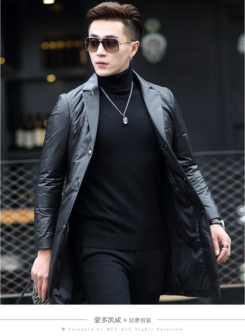 

Long New Male Men's Coat Suit Collar Slim Sheepskin Down Jacket Light, Thin and Warm Men Winter Leather Coats