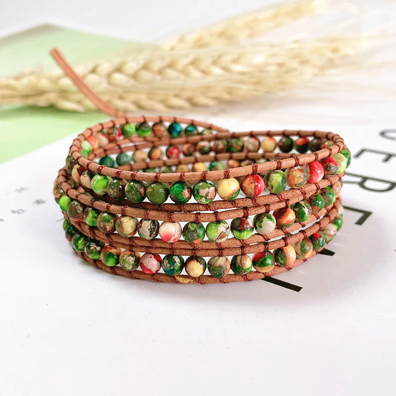 Colorful King Stone Triple Leather Wrap Bracelet for Women Fancy Stone Handmade Multilayer Mala Beads Leather Jewelry Woman's