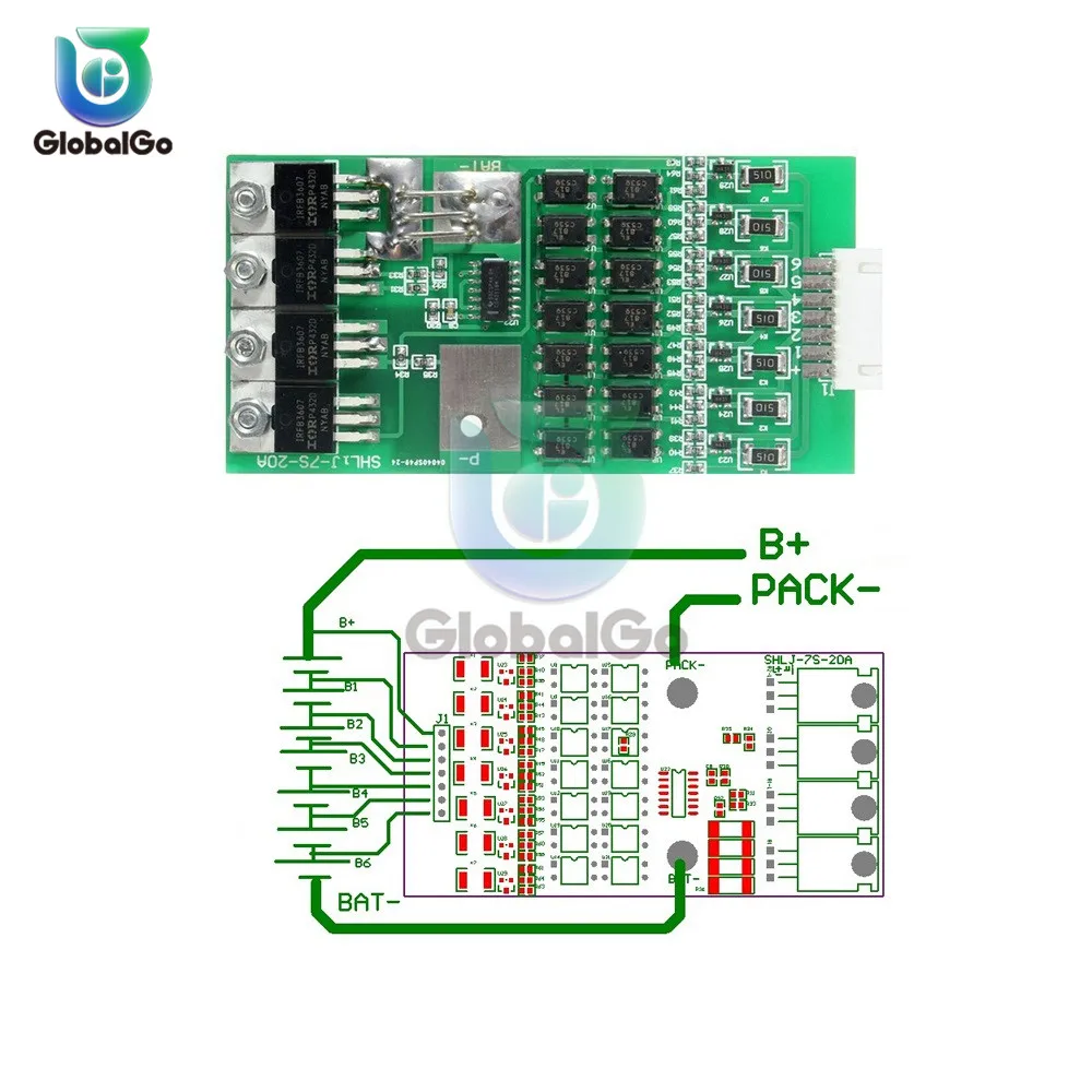 

7S Li-ion Lithium 18650 Battery Protection Board 24V 20A Battery Balancer With Matching Cable Automatic Protection Function