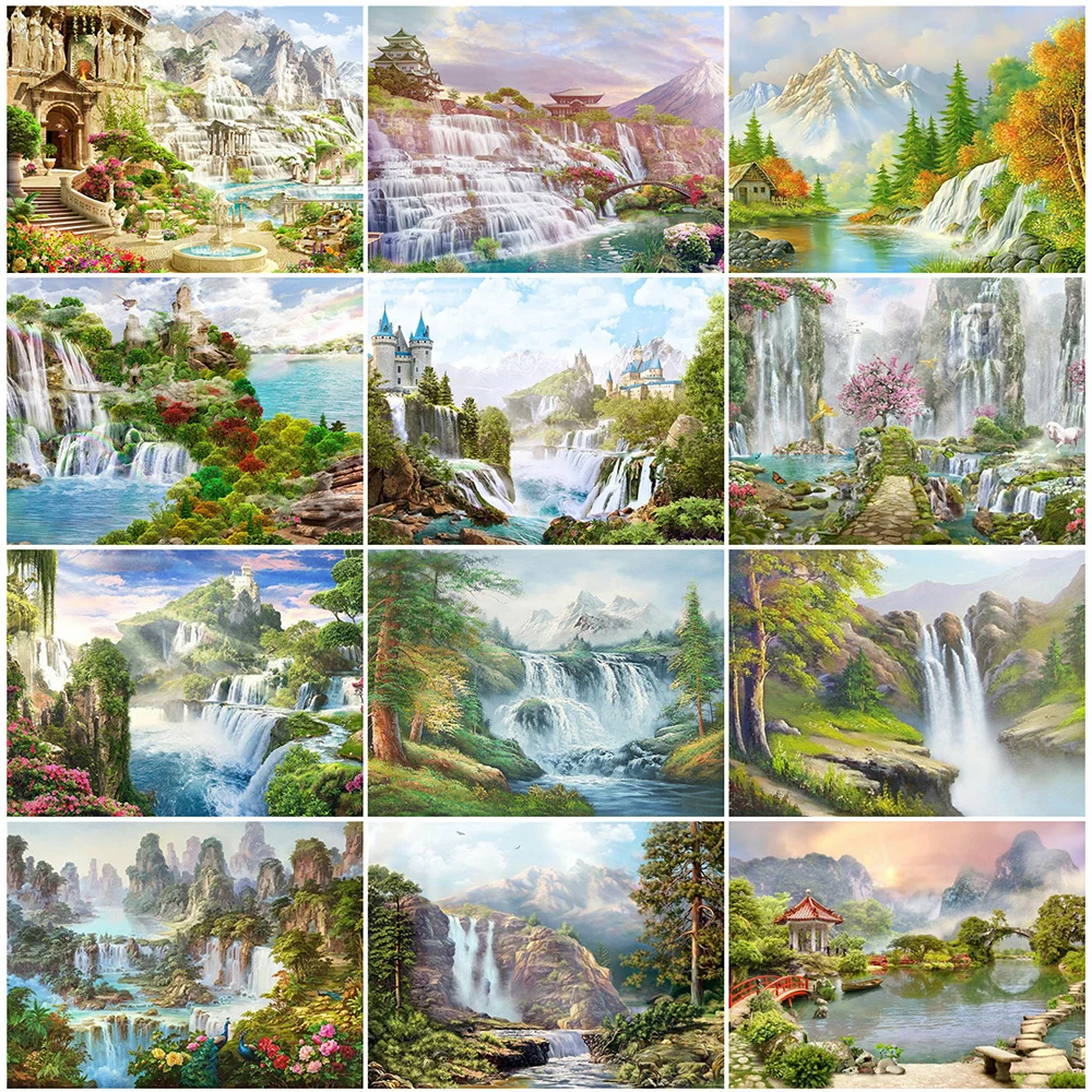 

MomoArt 5D Diamond Painting Waterfall Full Square Diamond Embroidery Mountain Rhinestones Mosaic Scenic Cross Stitch Wall Decor