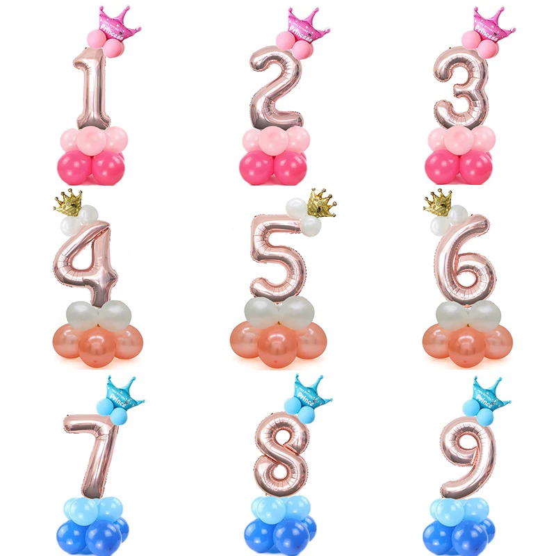 

13Pcs/set Baby Shower Number Foil Balloons Happy Birthday Decoration Pink Blue Gold Crown Number Balloon Kids Toys