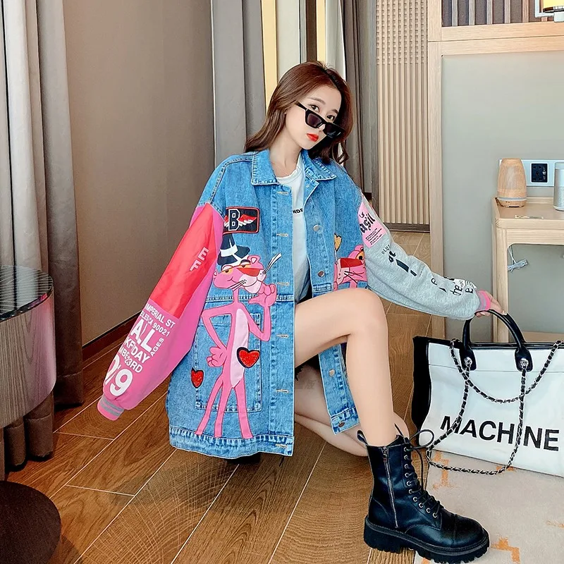 

Spring Autumn Fashion Sequins Cartoon Denim Jackets Loose Lady Streetwear Coats Safari Style Patchwork Puff Coats for Women