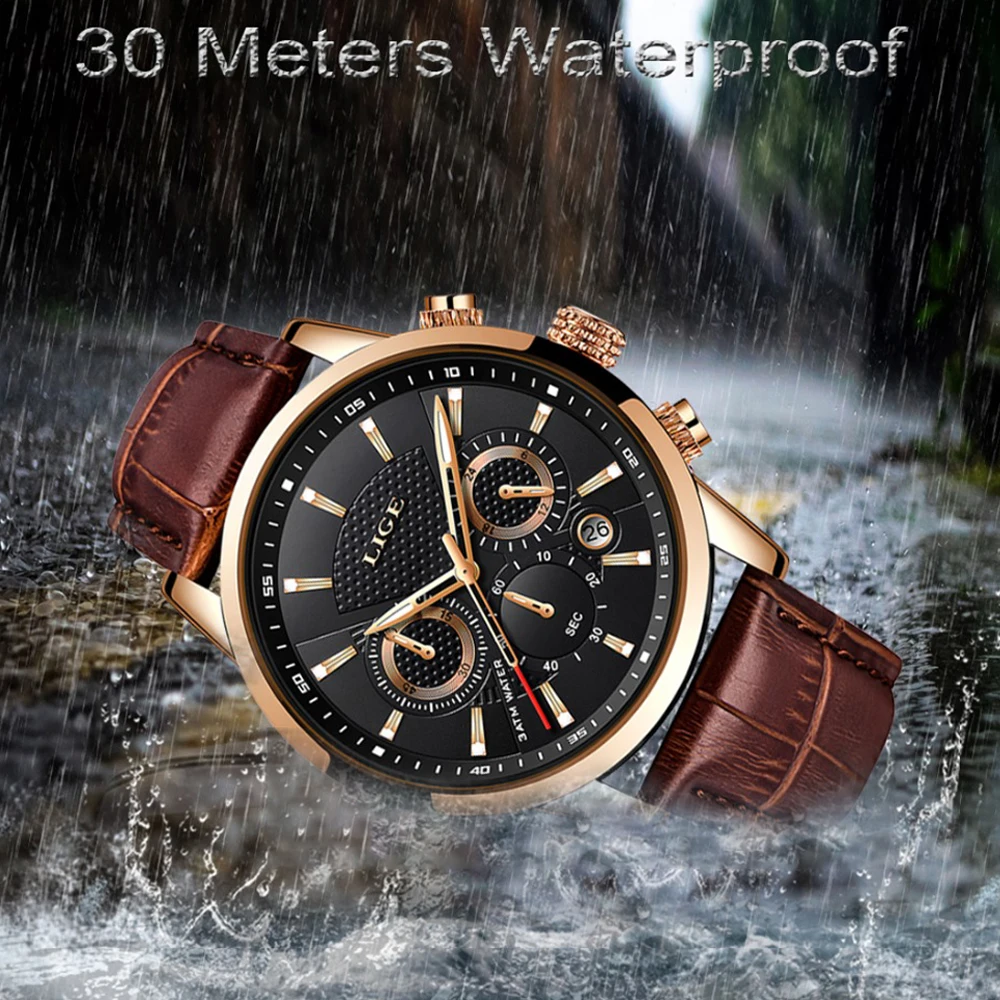 Mens Watches LIGE Fashion Waterproof Chronograph Top Brand Luxury Quartz Watch Men Casual Leather Sport Relogio Masculino | Наручные часы