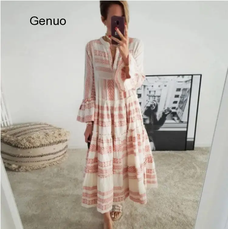 Осенние женские платья летние повседневные свободные с оборками длинным рукавом