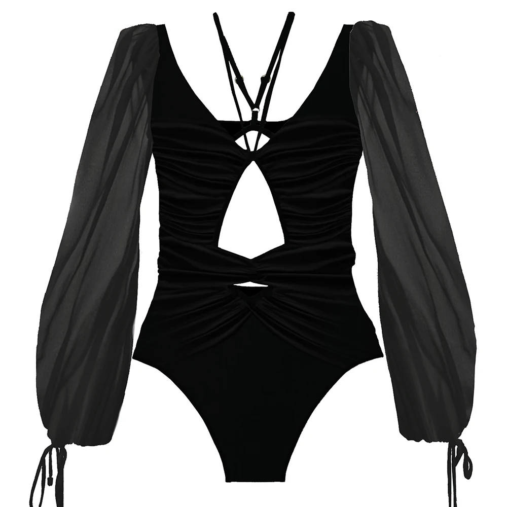 

One Piece Swimsuit 2021 Long Sleeve Swimwear Women Bandage Print Monokini Sexy Black Bathing Suit String Backless Beachwear