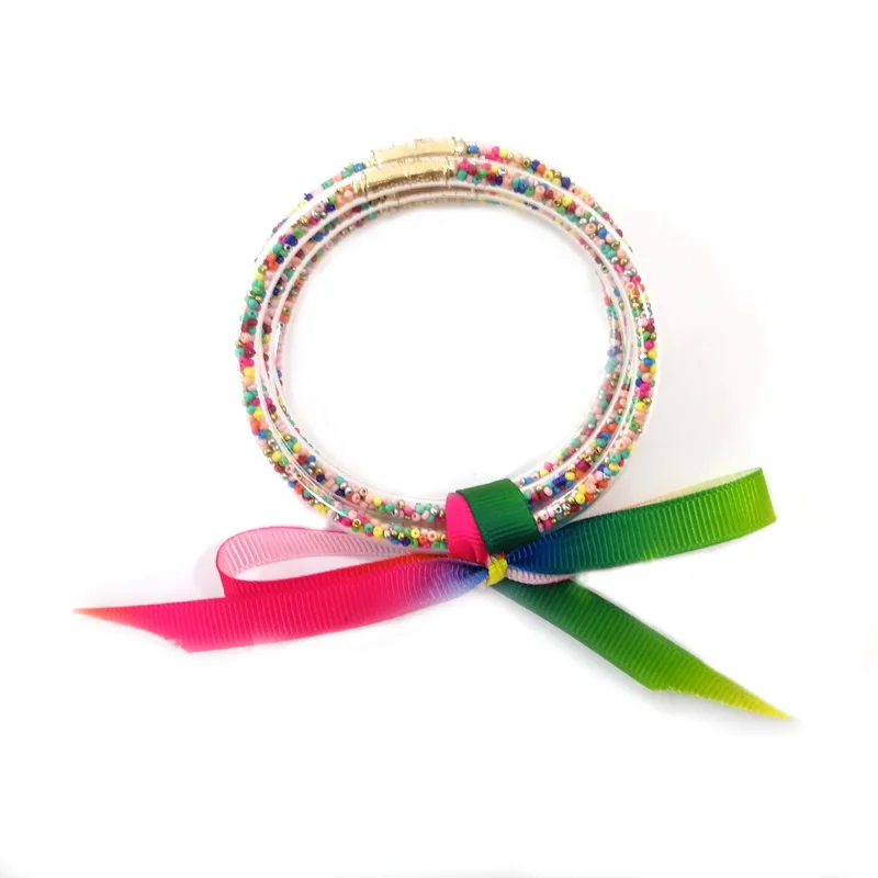 Pink Colorful 5 шт./компл. Лидер продаж блеск желе браслеты для девочек Браслеты многоцветный заполнены силиконовые браслеты с бантами для детей браслеты ювелирные изделия - Окраска металла: Pink Colorful