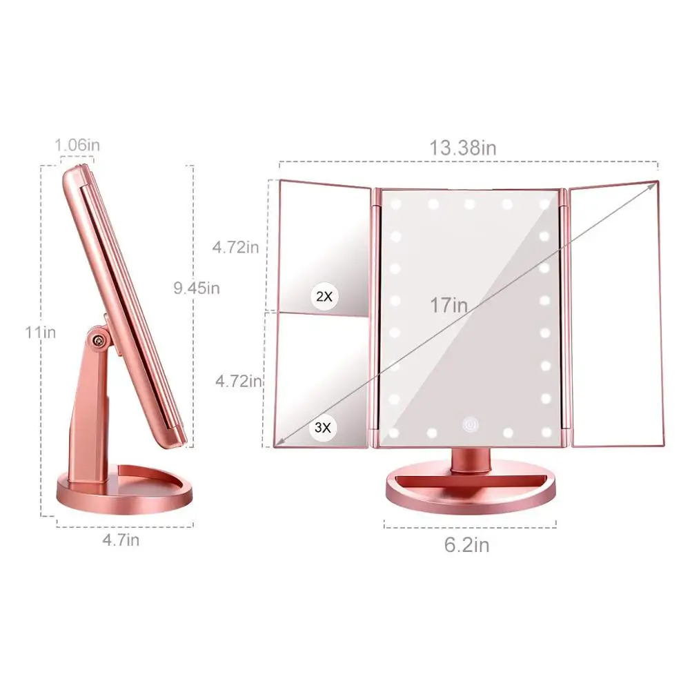 Трехстороннее складное зеркало для макияжа с подсветкой увеличение 2X/3X 21