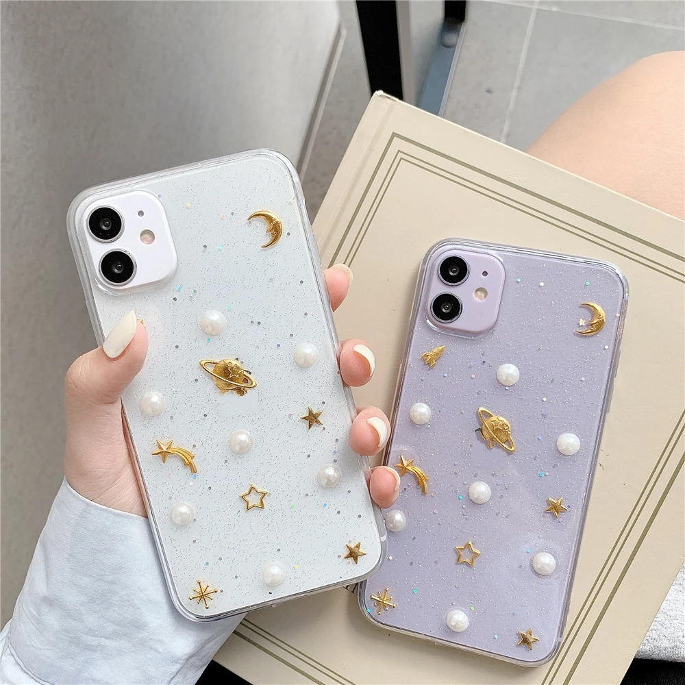 

3D Star Pearl Phone Case For iPhone 12 Mini 11 Pro Max XR X XS Max 8 7 Plus Transparent ShockProof Cover Hard Plastic Coque