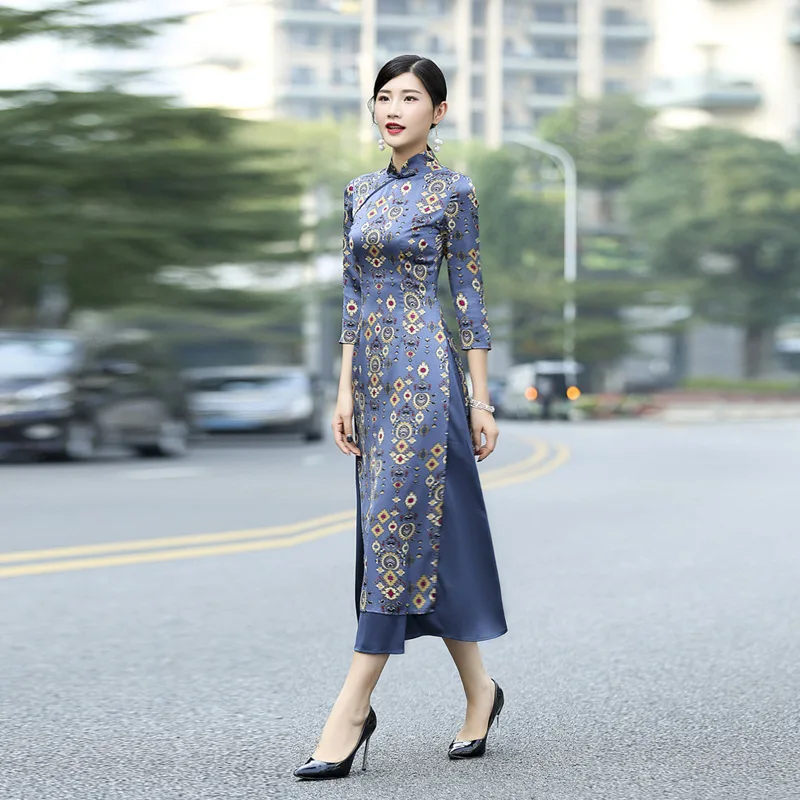 Весенние и осенние модели ретро Тонкое длинное платье Ципао Ao Dai