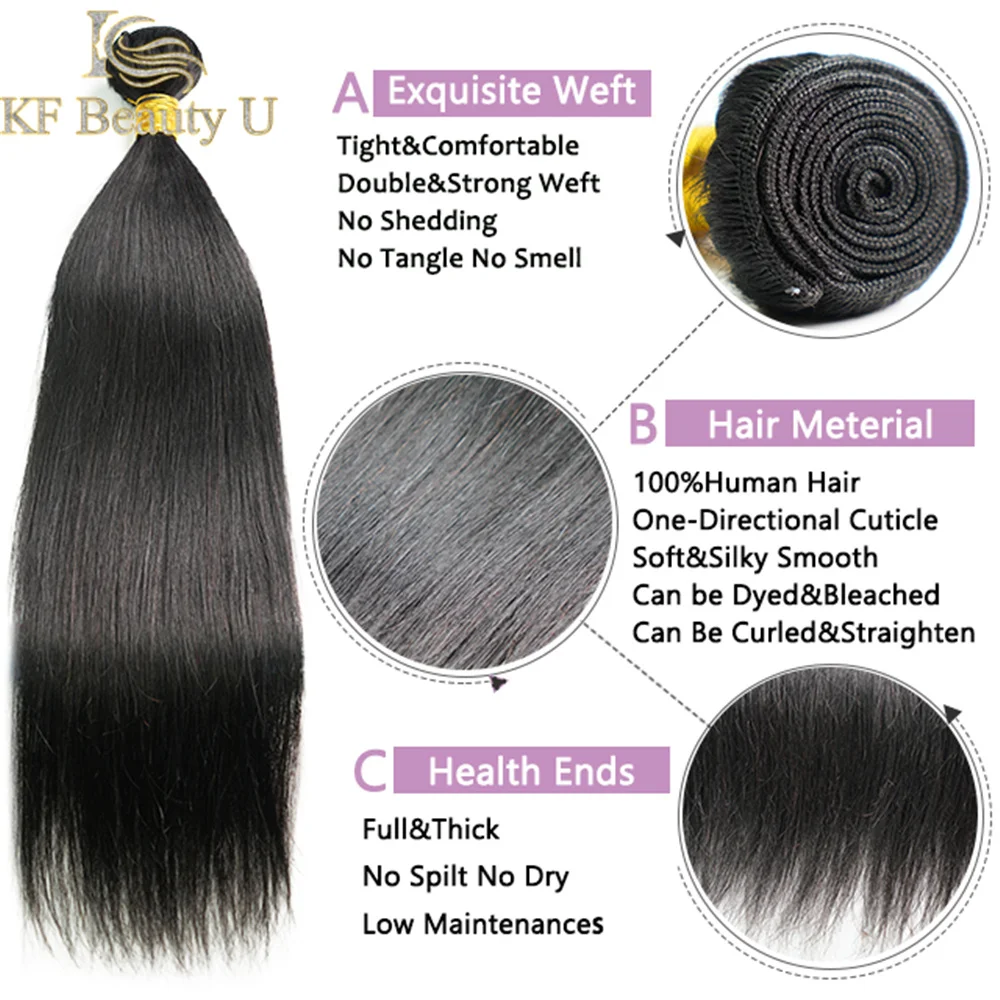 

30 Inches Hair Bundles Indian Hair Straight Human Hair Weave 3/4 Pcs Remy Hair Extensions for Black Women Can Be Dyed