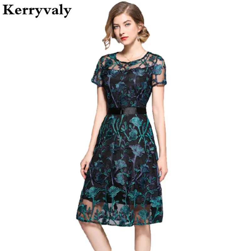 Летнее зеленое платье с цветочной вышивкой Zomerjurken 2018 кружевное Сетчатое вечернее