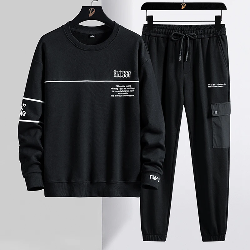 

2021 Autumn New Plus Size Tracksuit Men Streetwear Black Letter Printed Sweatshirts+Pants 2 Piece Sets Men Jogger Sweat Suits