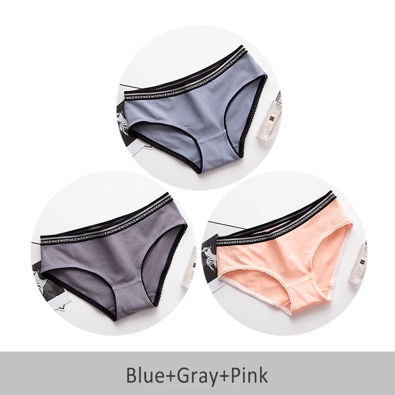Blue Gray Pink Бесшовные сексуальные женские трусики из хлопка сплошной цвет дышащая середина талии нижнее белье девушка DULASI 3шт - Цвет: Blue Gray Pink