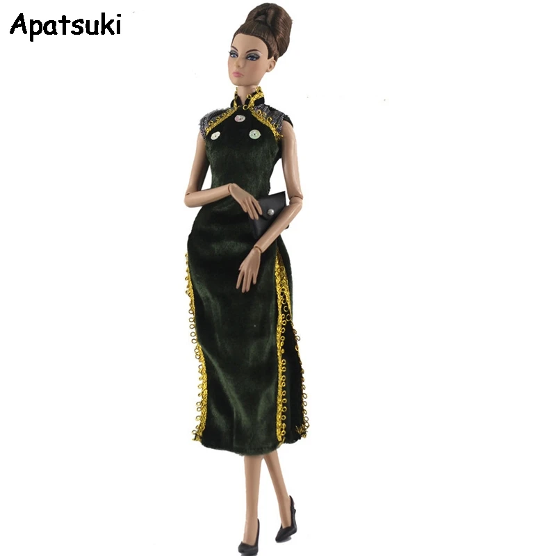 Темно зеленый китайский Ципао Cheongsam платье для куклы Барби одежда и сумка кукол