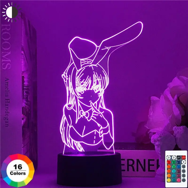 

3D светодиодные ночники с аниме-фигуркой, кролик, девочка, Sakurajima Mai, акриловая настольная лампа, кавайная комната, украшение для спальни, детс...