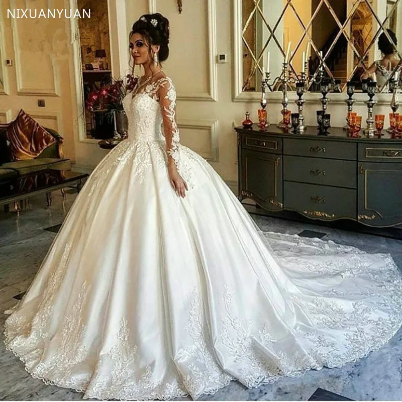

2023 Ball Gown Wedding Dresses Long Sleeve Lace Illusion Floor Length Bridal Dresses Arabic Wedding Gowns Court Train