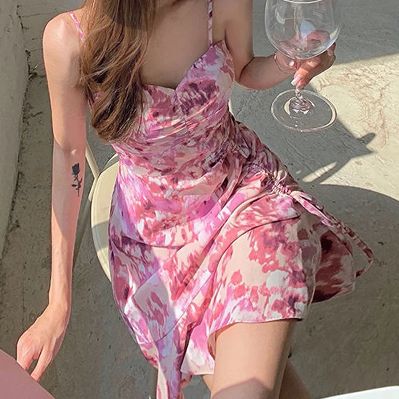 

2021 Fashion Women Dress Elegant Kawaii Floral Sexy Strap Dress Female Slim Chiffon Office Beach Women One Piece Dress Korean