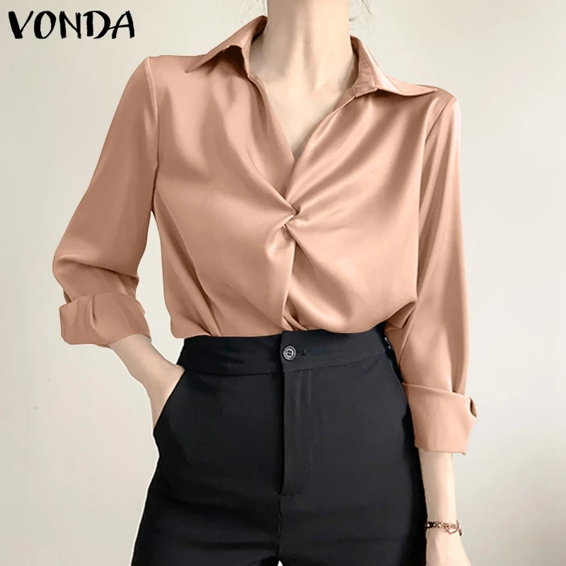 

Блузка с длинным рукавом VONDA, Атласные Рубашки 2021, женские повседневные однотонные топы, женские богемные блузы, женские уличные Топы