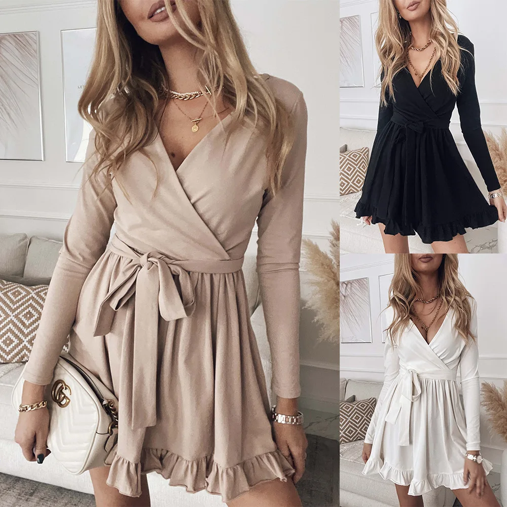 

New Arrived Flared Sleeves Ruffles V Neck Sexy Dress Women Spring Autumn Long Sleeve A-Line Solid Sashes Mini Dresses