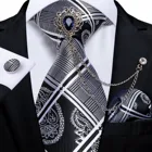 Черный и серебряный цветочный Галстук Пейсли для мужчин 8 см деловой Свадебный галстук носовой платок с роскошной брошью с кристаллами DiBanGu