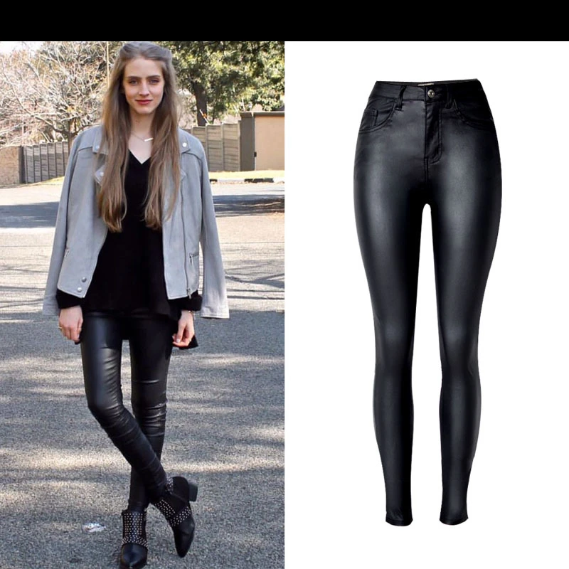 Осенне-зимние узкие Стрейчевые брюки из искусственной кожи с высокой талией