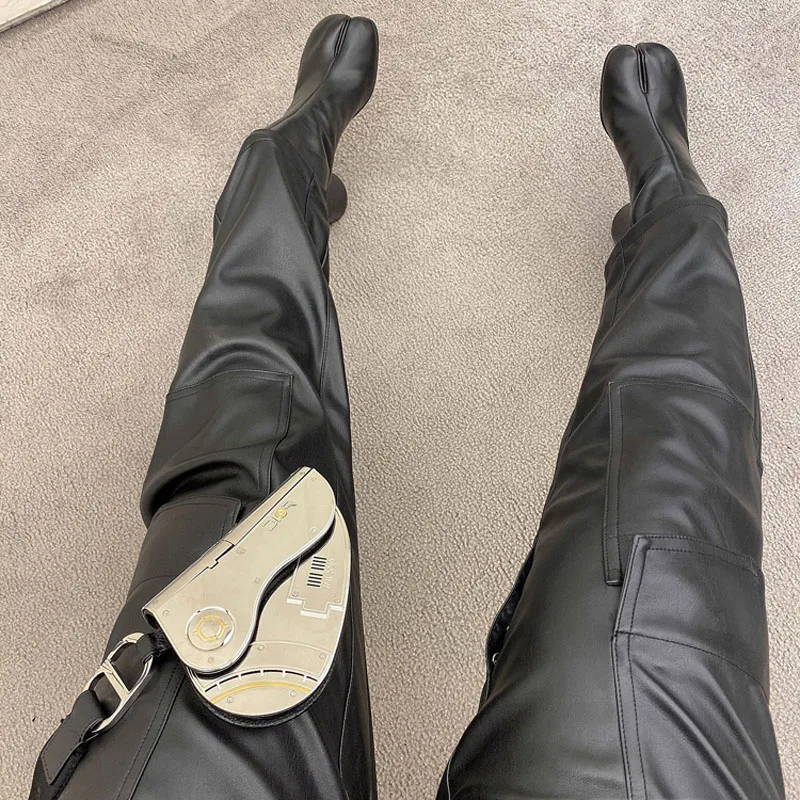 European And American Style Imitation Sheepskin Fleece High Belt Tooling Pockets Straight Leather Pants | Женская одежда