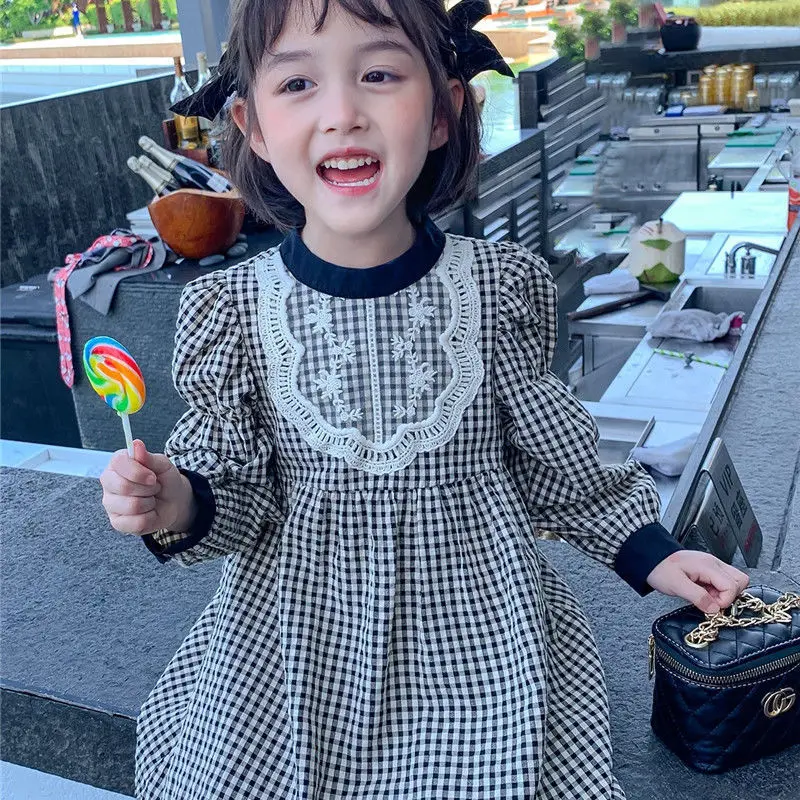 

Платье для девочек, новинка 2021, корейская модная клетчатая детская юбка с круглым вырезом и длинным рукавом для маленьких девочек на весну и...