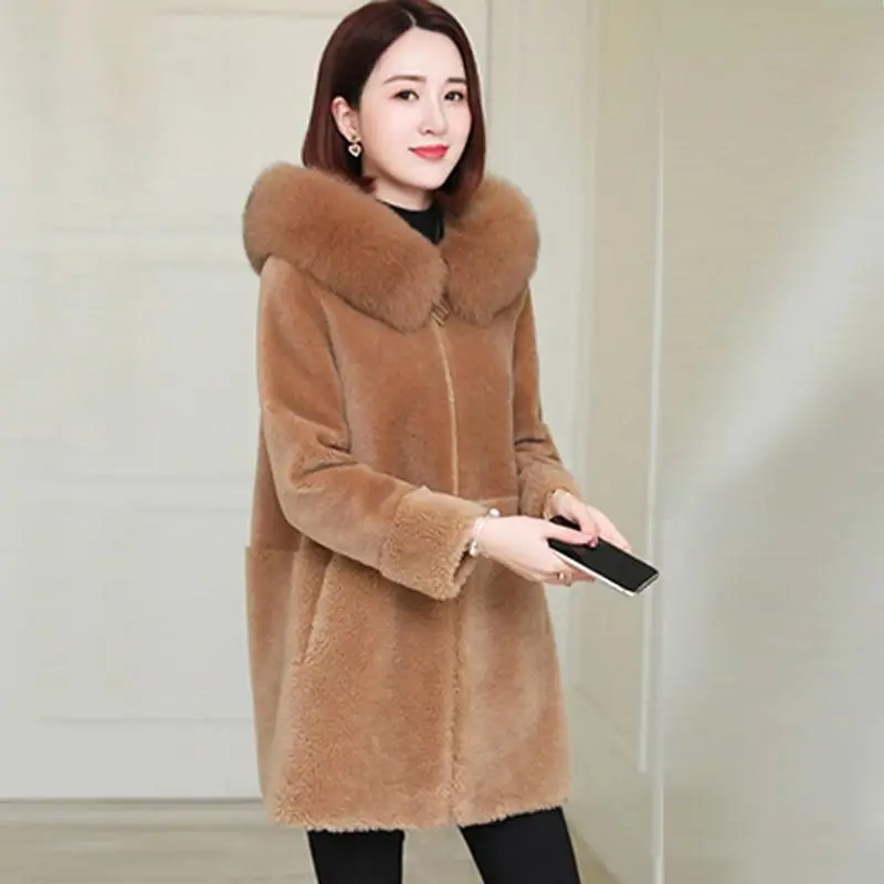 

Chenille Coat Mid-Length Autumn and Winter Fox Fur Collar Hooded Padded Slim Slimming Faux Fur Coat Women