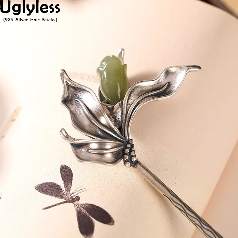 

Uglyless Han Chinese Clothing Dress Eastern Hair Sticks for Women Nature Jade Flower Hair Forks Solid 925 Silver Hair Decoration