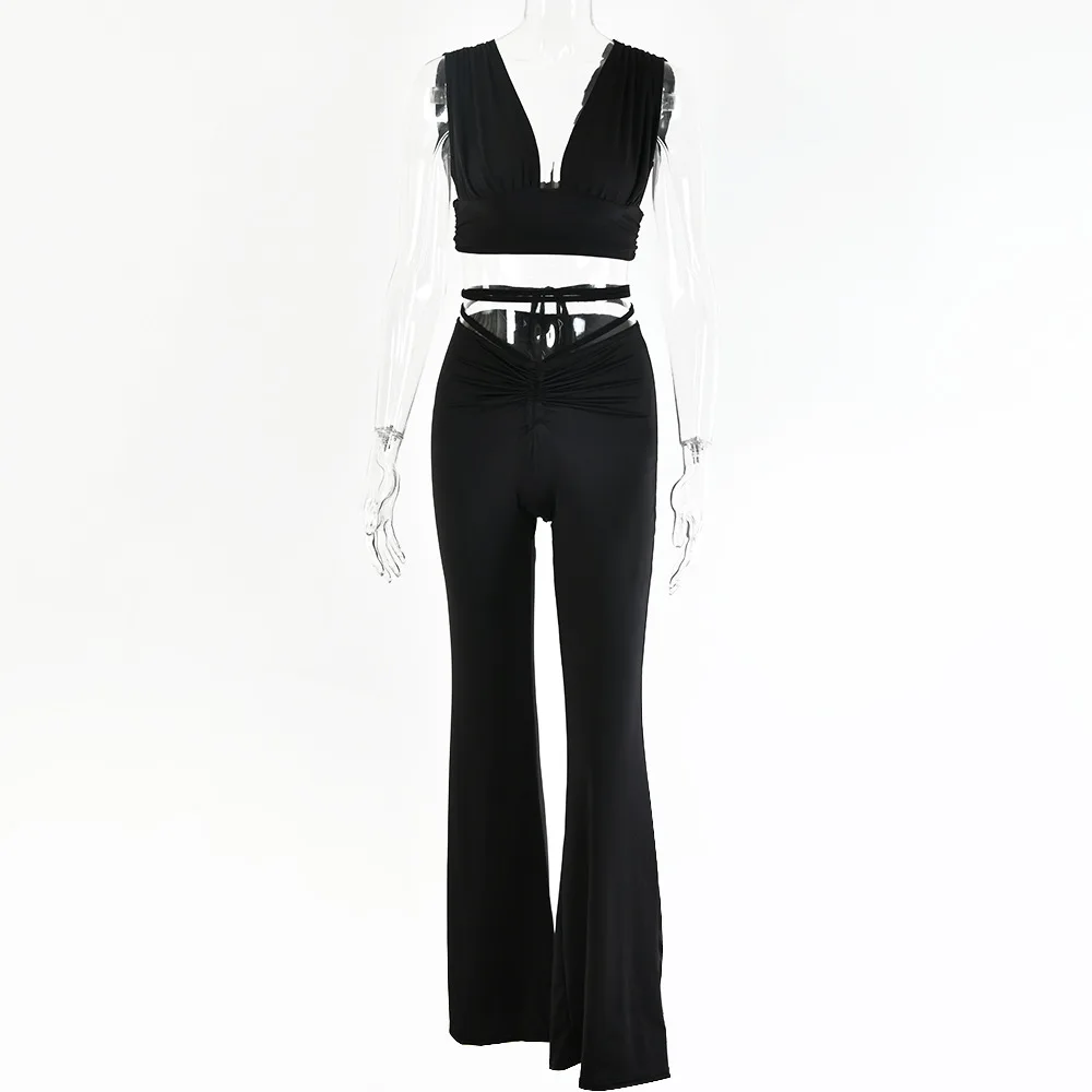 

2021 New Summer Spring Women Fashion Solid Pants Set Hollow Out Drawstring Leg Pants Trousers Long Female Sexy Trouser Set