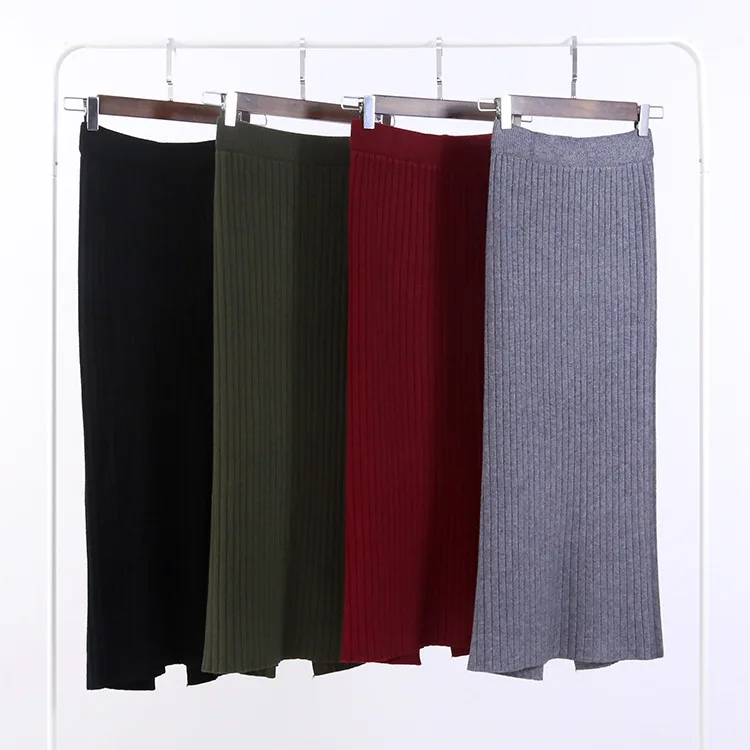 

Женская трикотажная юбка в рубчик, черная трикотажная прямая юбка средней длины на резинке, 80 см, Осень-зима