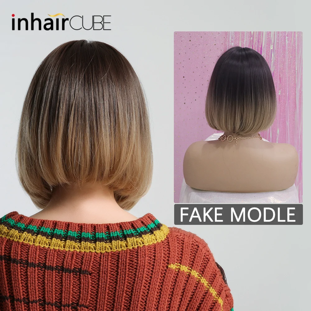 Inhair Cube 12 &quotБоб парики Выделите темно коричневый корень центр пробор волнистые