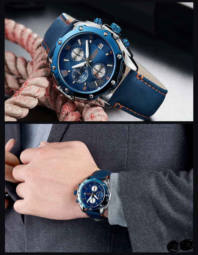 Часы наручные MEGIR мужские с хронографом брендовые Роскошные синие спортивные в