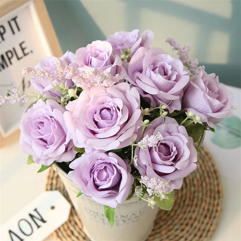 purple 9 головок, 6 цветов, искусственные шелковые розы, цветы, букет, Флорес, для дома, вечерние, весенние, свадебные украшения, для свадьбы, для свадьбы, искусственный цветок, Шелковый цветок - Цвет: purple