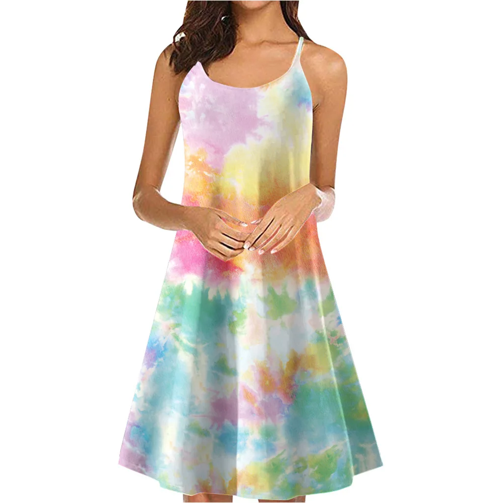 

Sleeveless Summer Dress Women's Vintage Casual A Line Slim Tie-Dye Printed Dress Boho Beach Strap Sexy Mini Dresses Oversized