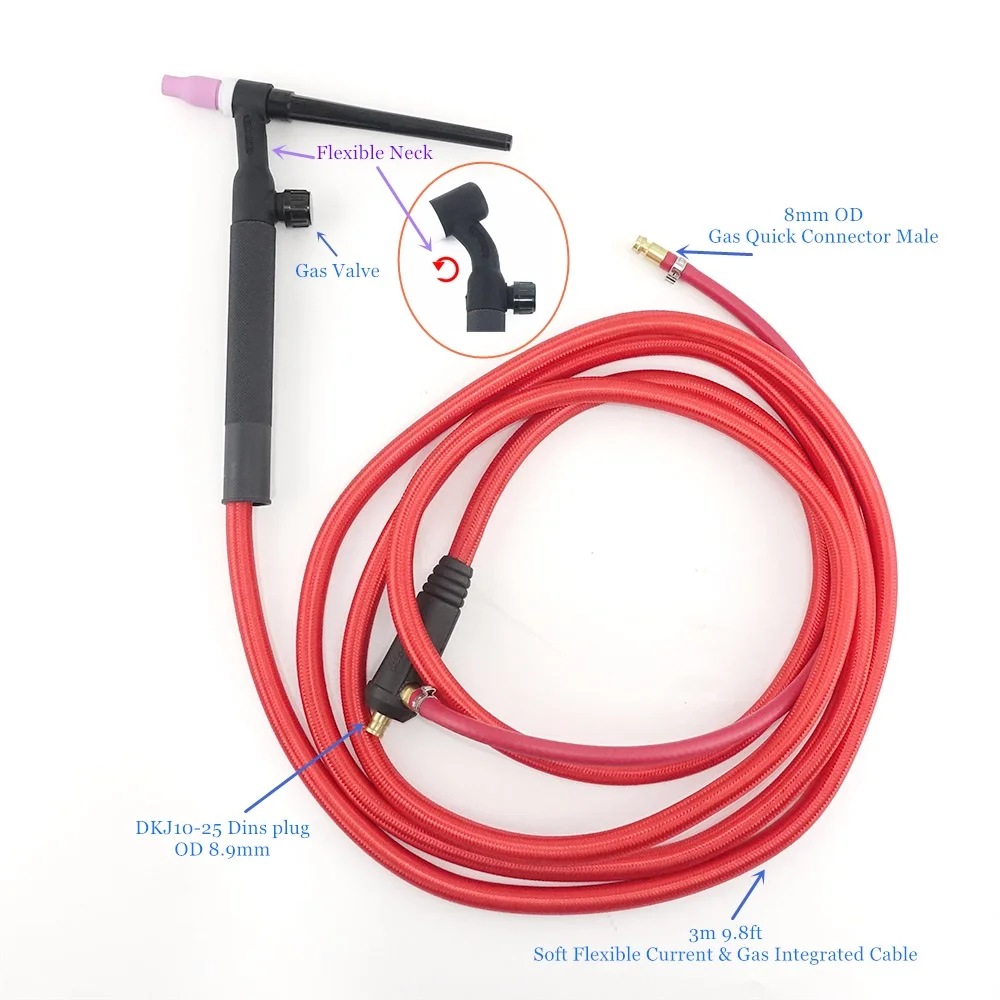WP9FV 120A TIG сварочный фонарь 3 м мягкий шланг газовый Вольфрам WP9 аргон с воздушным