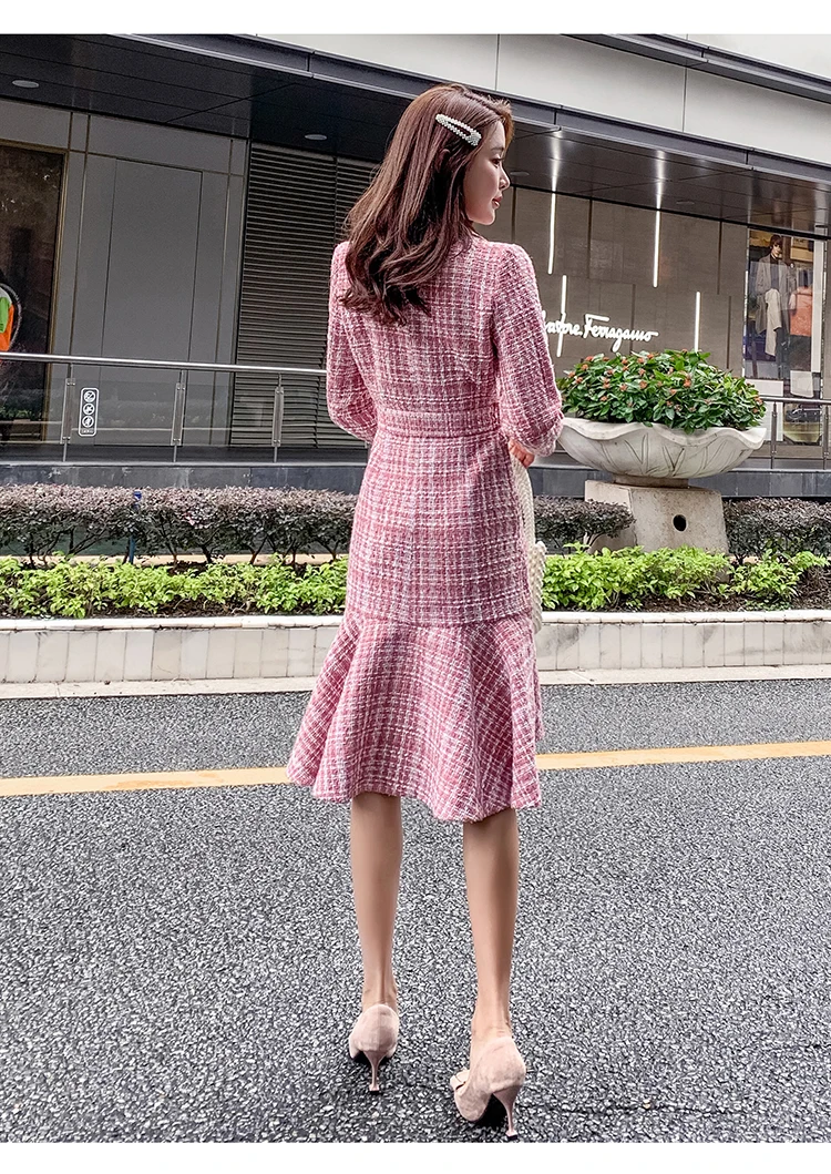 Autumn Winter Pink Plaid Tweed Wool Long Coat Women Notched Double Dreasted Sashes Ruffles Woolen Overcoat Mermaid Outerwear