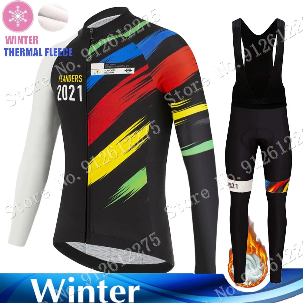 

FLANDERS World Champion 2021 Team Winter Cycling Jersey Set Men Long Sleeve Cycling Clothing Road Bike Shirts Suit MTB Maillot