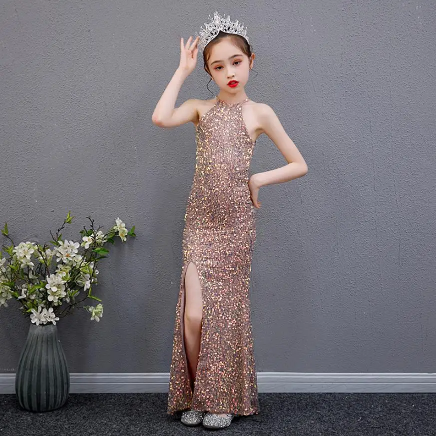 

Sexy Sequined Stitching Mermaid Dress For Girls Kids Catwalk Perform Birthday Party Sleeveless Evening Gown Vestidos A439
