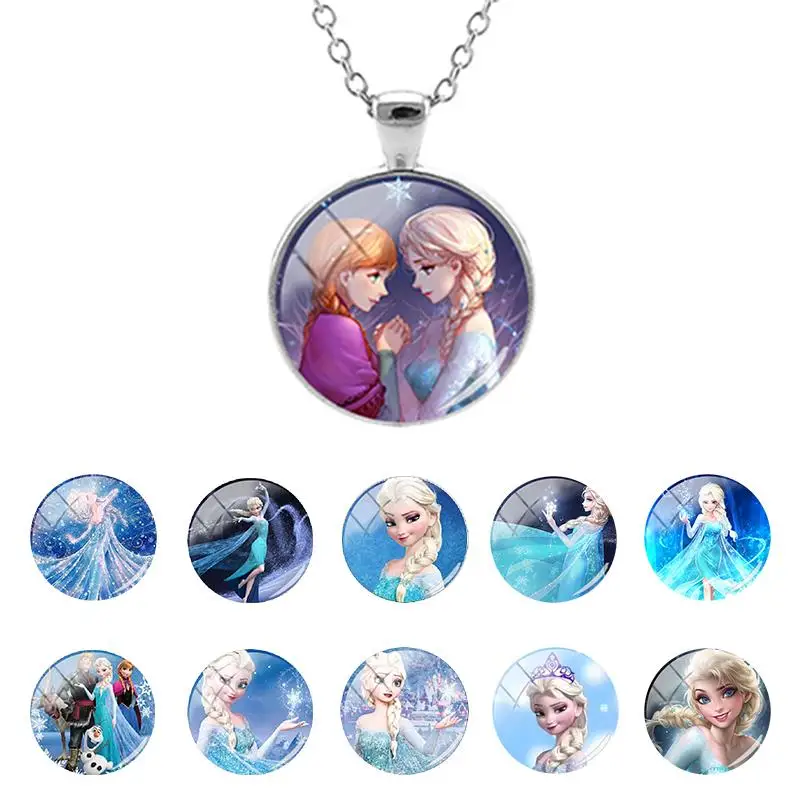 

Disney Frozen Princess Elsa Anna Snow Glass Dome Pendant Chain Necklace for Girls Holiday Party Cabochon Jewelry Gift ES183-25