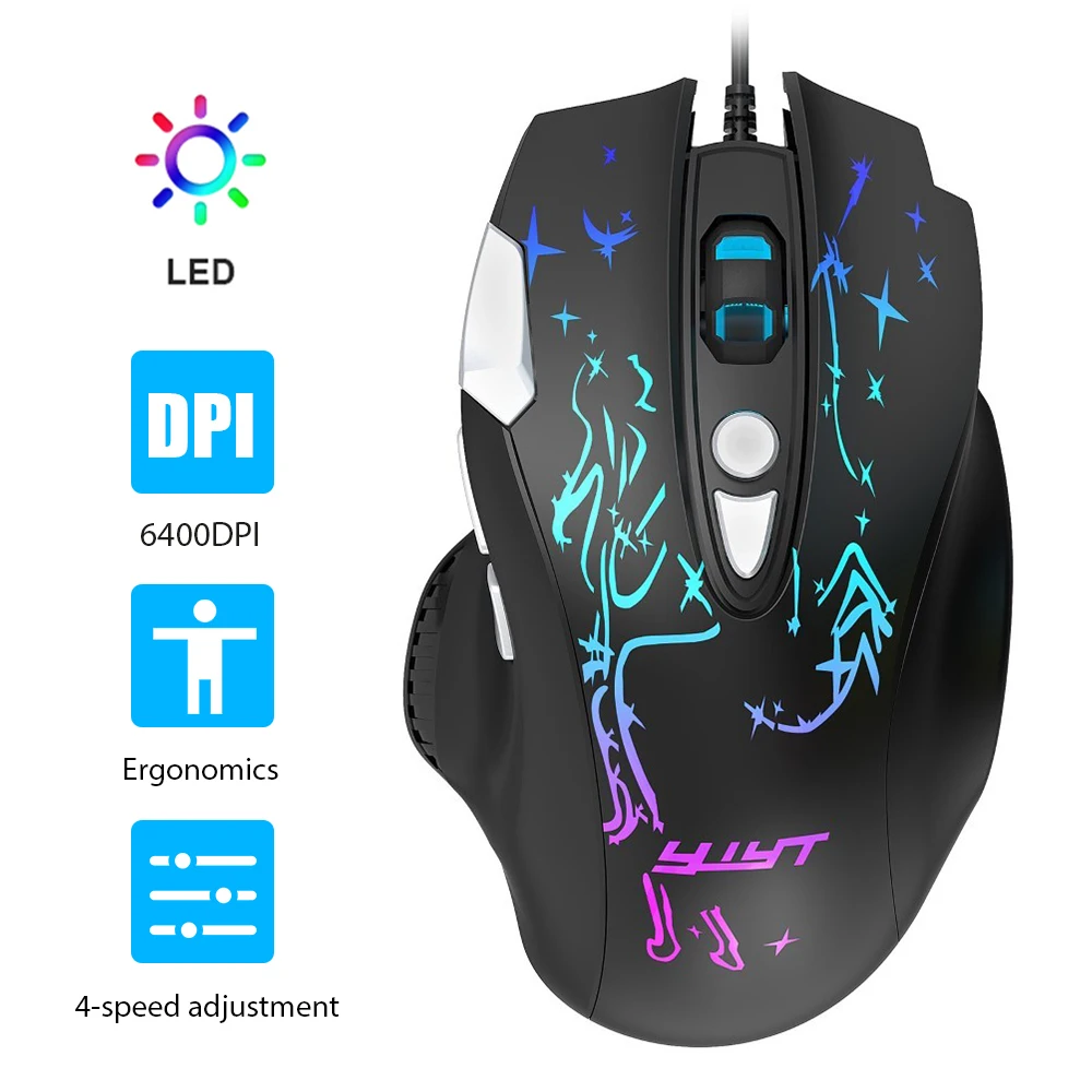 

YWYT Wired Optical Mouse 8 Button LED Backlight Gaming Mouse 6400dpi 4 Level DPI Ergonomic Mice Portable Wired Mice For Laptop