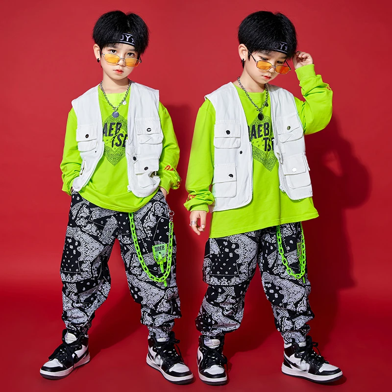 

Jazz Costumes Boys Street Dancing Outfit Children'S Dancing Clothes Fluorescent Green Top Printed Pants Hip Hop Clothing SL5620