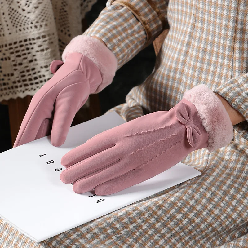 

New Winter Women Keep Warm Touch Screen Waterproof Bow Gloves Female Elegant Plus Velvet Inside Thicken Outdoor Cycling Gloves
