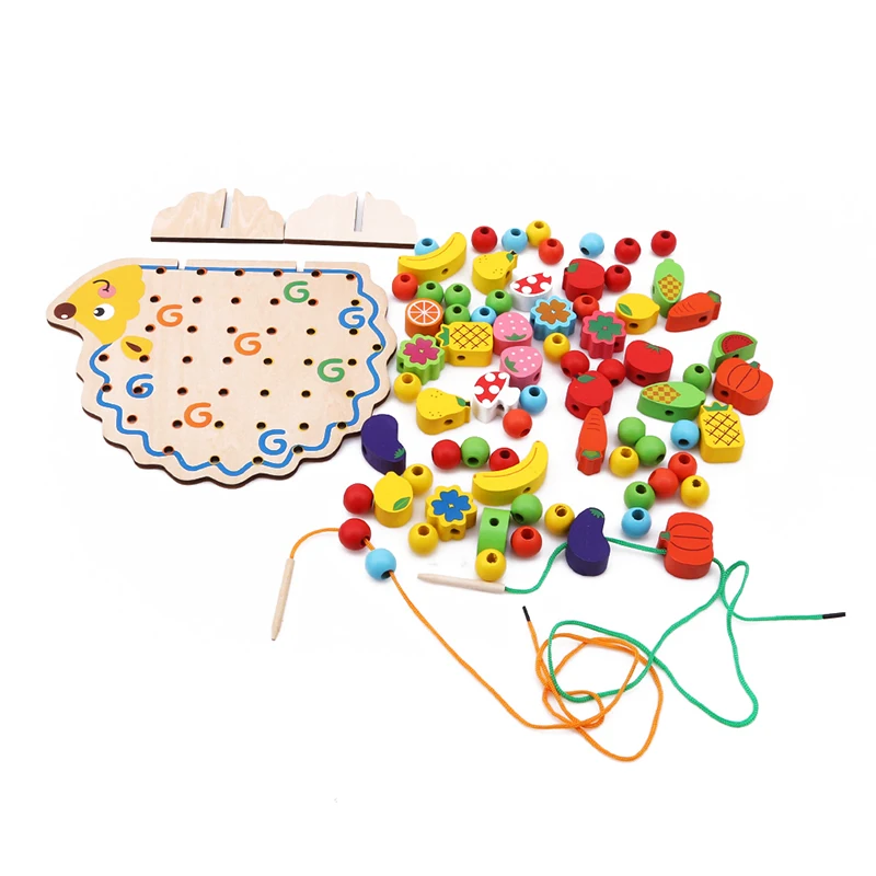 

Wooden Fruits Vegetables Lacing Stringing Beads Toys with Hedgehog Board Montessori Early Educational Toy for Kids Children Gift