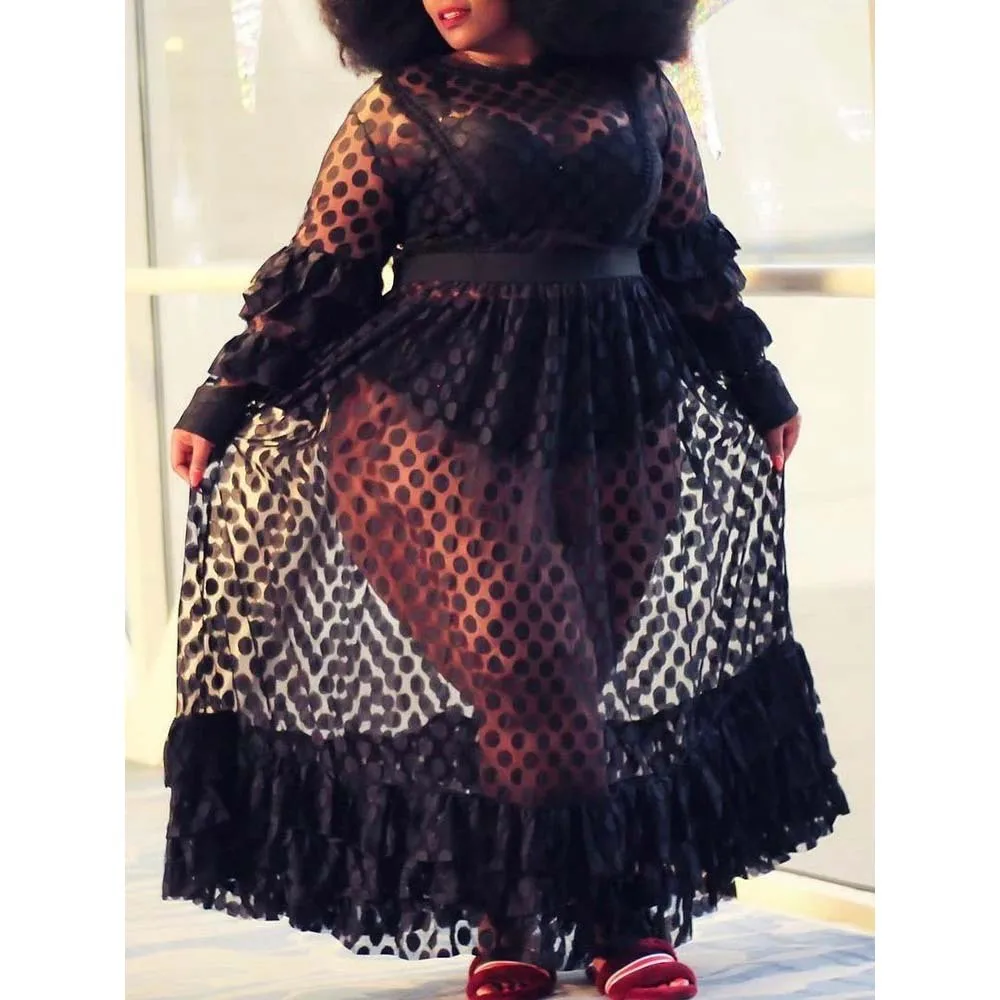 

New 4XL Dress Women Plus Size Sexy Long Dresses Elastic High Waist Transparent Black Mesh Dress Elegance Lace Wholesale