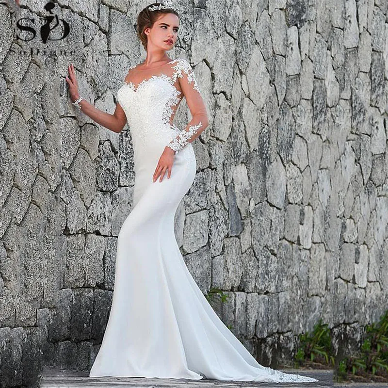 Винтажное атласное свадебное платье-Русалка с глубоким вырезом и платье