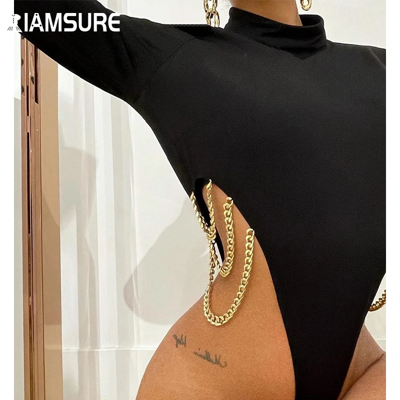 

IAMSURE Casual Solid Bodysuits With Chains Elegant Fashion Skinny Slim Long Sleeve Turtleneck Rompers Women 2021 Sexy Tops 90S