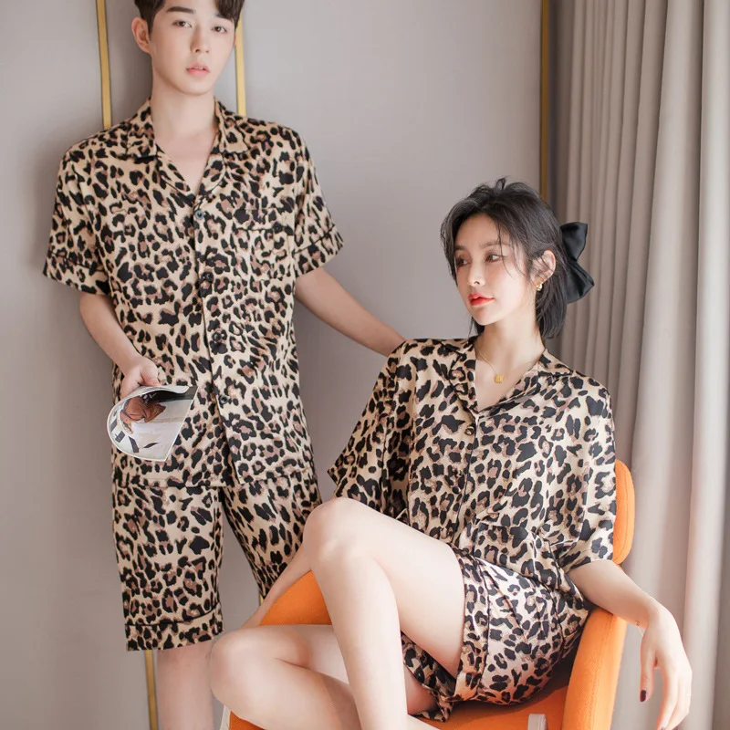 FZSLCYIYI Summer New Fashion Leopard Couple Pajama Sets Imitated Silk Fabric Pyjama Suit Nightwear Lovers' Short Sleeve Shorts | Мужская